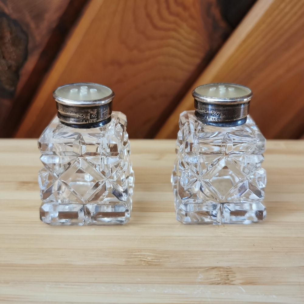 Vintage Sterling Silver 925 & Cut Crystal Salt & Pepper Shakers Set